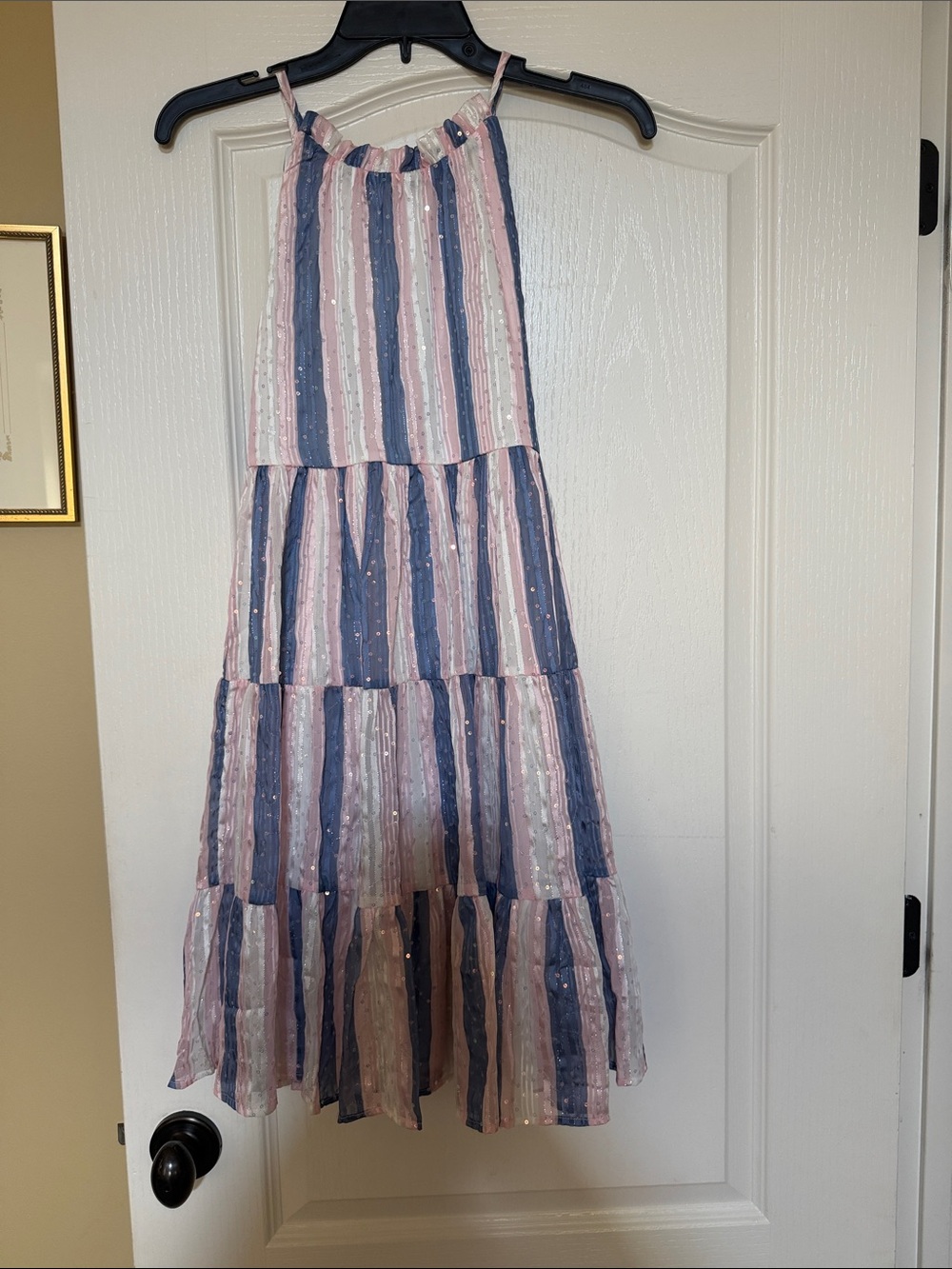 Ava & Yelly Tiered Stripe Maxi Skirt in Pink and Blue with Sequins